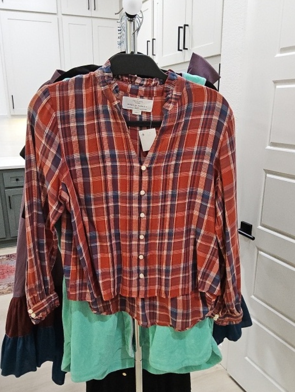 Trovata Rust and Navy Plaid Button-Front Peplum Top|| Size Small
